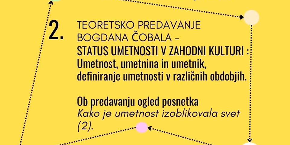 2. TEORETSKO PREDAVANJE BOGDANA ČOBALA – STATUS UMETNOSTI V ZAHODNI KULTURI: Umetnost, umetnina in umetnik, definiranje umetnosti v različnih obdobjih.